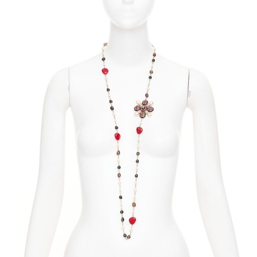 Chanel black red gripoix enamel Maltese cross sautoir necklace